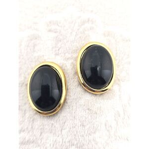 Vintage Trifari Black Earrings Oval Cabochon Stud Gold Tone Classic